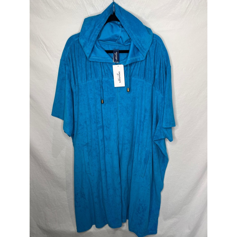 NWT Swimsuits For All Womens Blue Terry Cover Up‎ Hoodie Zip Swim Cover Sz 38/40